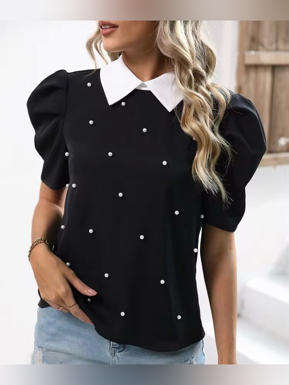 Black Pearl-Embellished Puff Sleeve Top with White Collar